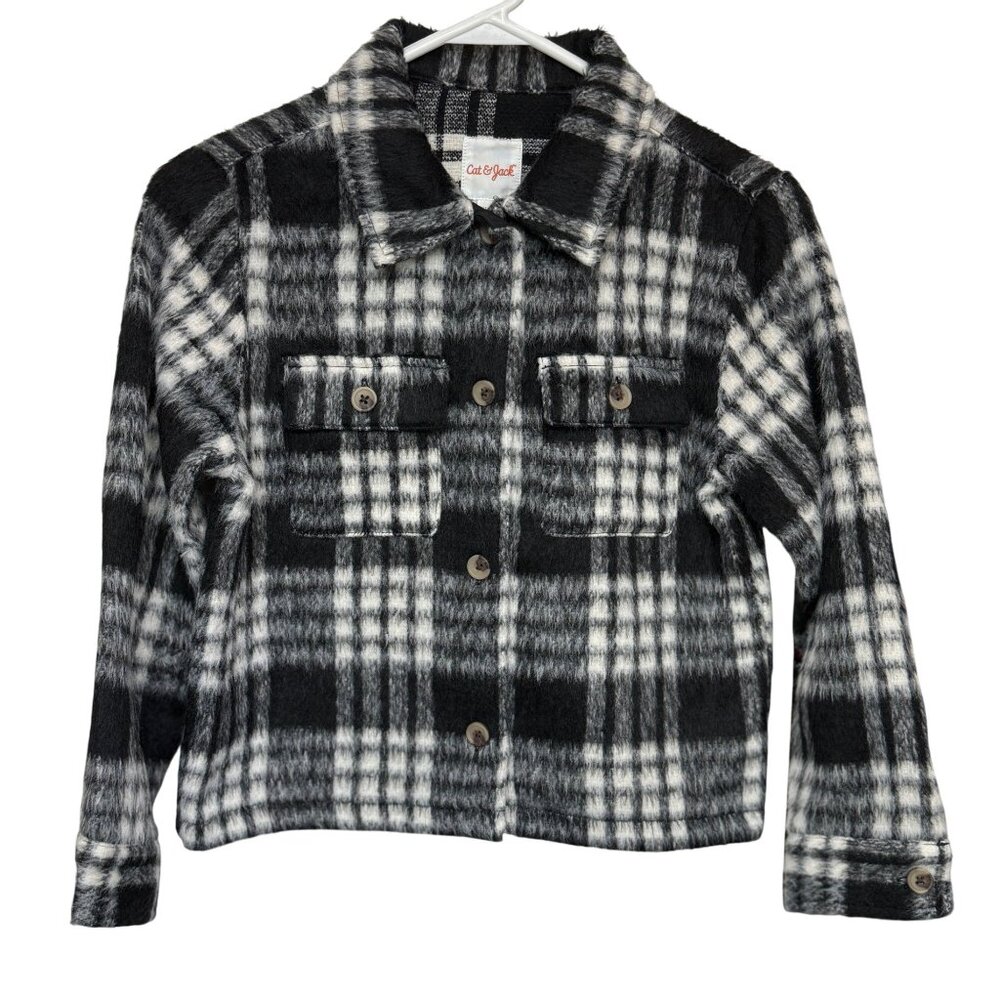 Cat & Jack Black & White Plaid Shirt Jacket Boys Large (10/12) Button Front
